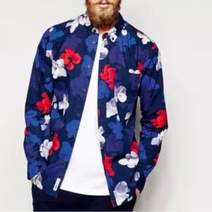 WOOD WOOD Button Shirt Floral Slim Fit Cotton Blue Size Large